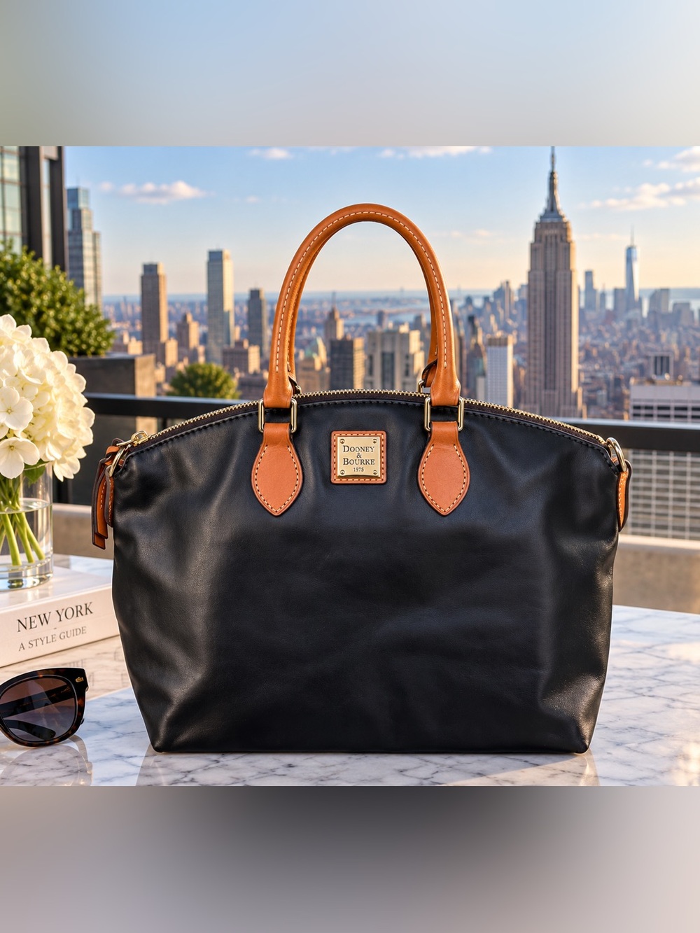 Dooney & Bourke Black Leather Satchel with Tan Handles
